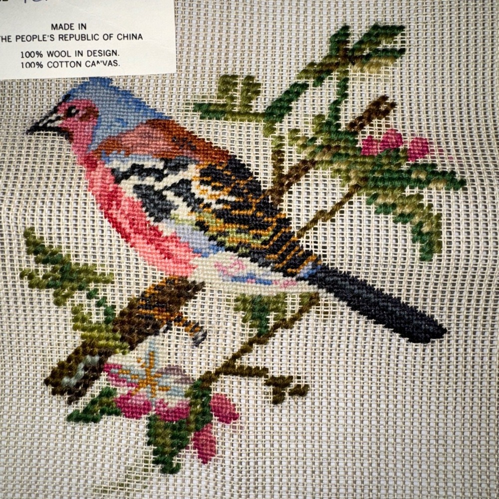 Vintage Bird Needlepoint Wool Art Canvas Blue Pink Floral 10x10 Handmade